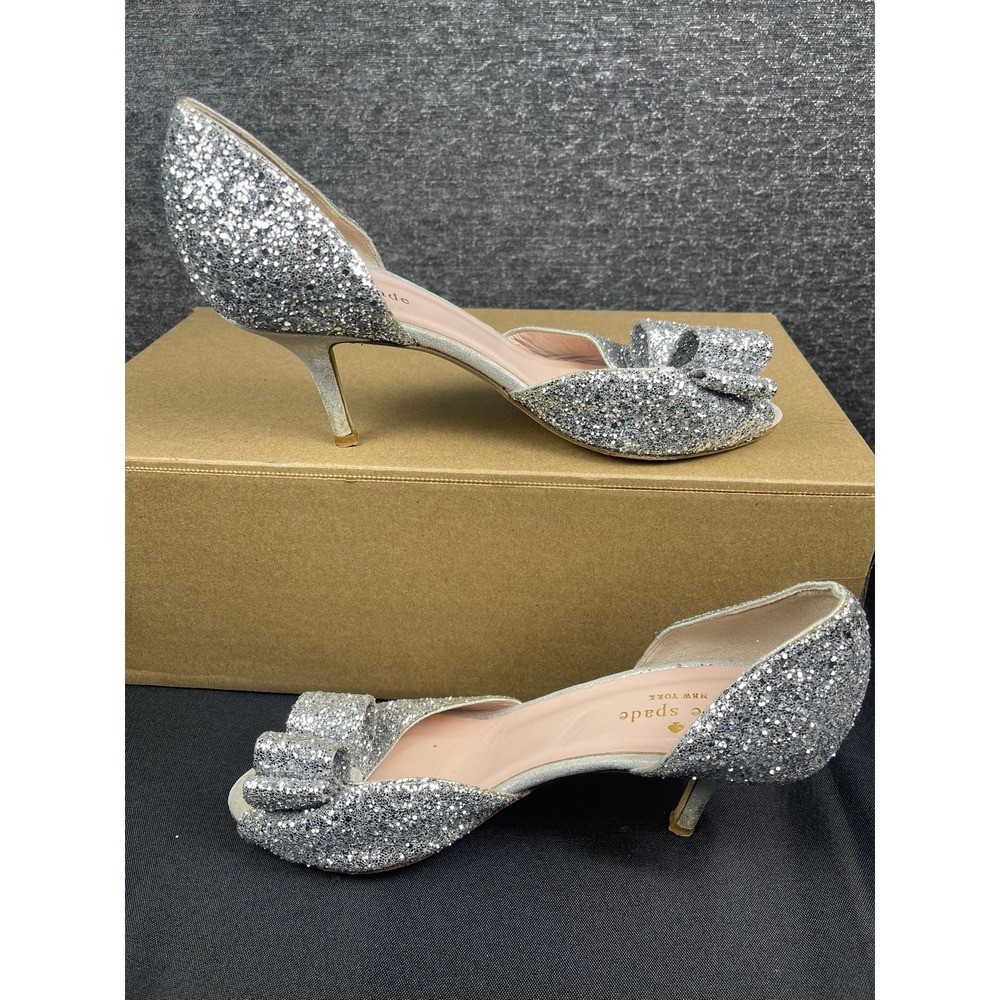Kate Spade Silver Glitter Bow Peep Toe d'Orsay Stiletto Heels Pumps Size 7.5 - Picture 2 of 4